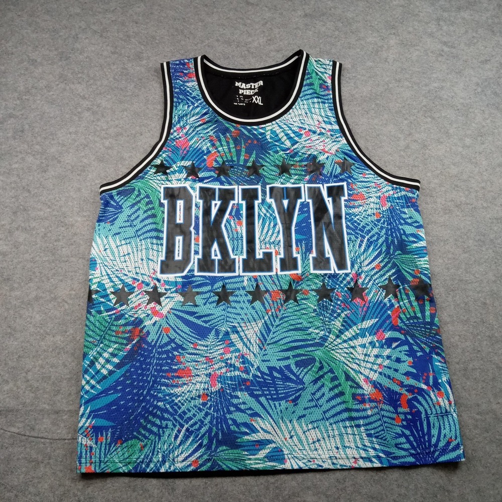 BKLYN Shirt Mens 2XL Blue Green Tropical Tank Basketball Jersey Master Piece